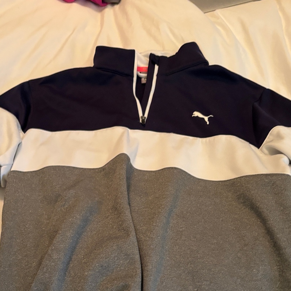 Puma Men's Zip-Up Sweater in Navy, White, and Gray